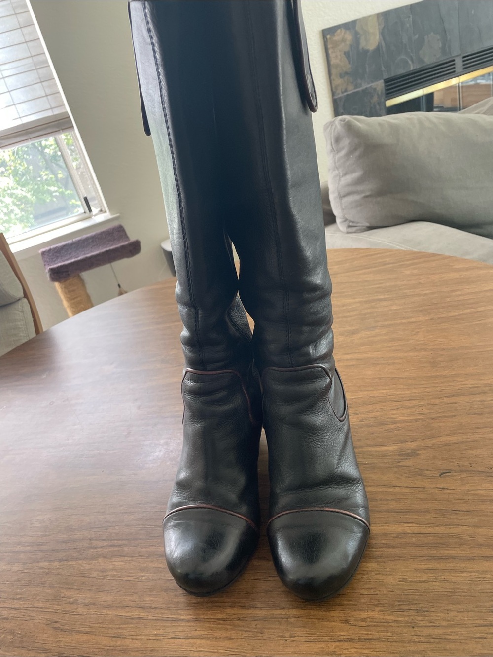 Biviel Black Leather with Magenta piping Knee-High Women’s Boots